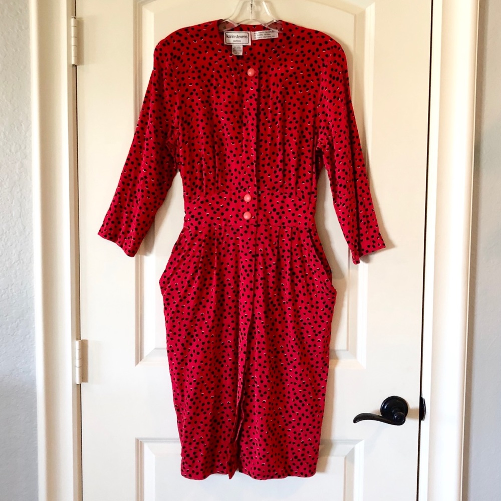 Vintage 80s Red and Black Dalmatian style print dress 8